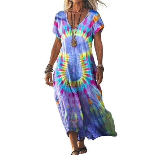 Sommerkleid Damen Boho Kleid Elegant Lässig Strandkleid Kurzarm V-Ausschnitt Maxikleid A-Linie Blumenkleid Strand Freizeitkleid Leicht und Luftig Dresses for Women Lang Urlaub Kleider von ZGIDDAZ