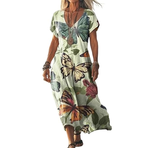 Sommerkleid Damen Boho Kleid Elegant Lässig Strandkleid Kurzarm V-Ausschnitt Maxikleid A-Linie Blumenkleid Strand Freizeitkleid Leicht und Luftig Dresses for Women Lang Urlaub Kleider von ZGIDDAZ