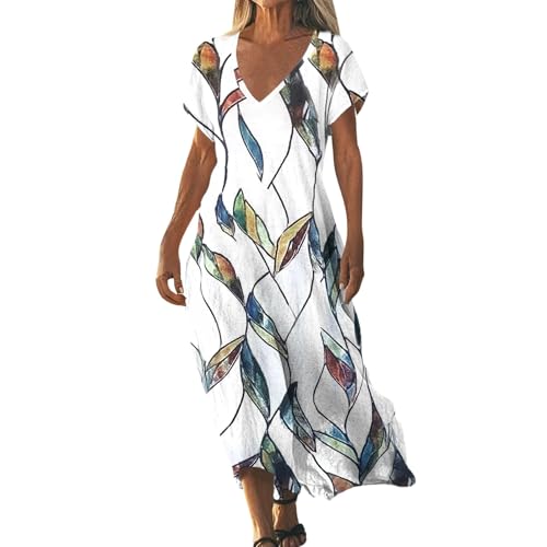 Sommerkleider Damen Leicht und Luftig Boho Kleid Elegant Lässig Strandkleid Kurzarm V-Ausschnitt Maxikleid A-Linie Blumenkleid Strand Freizeitkleid Lange Urlaub Kleider Sundress White6 XXL Sommerkleider Damen Leicht und Luftig Boho Kleid Elegant Lässig Strandkleid Kurzarm V-Ausschnitt Maxikleid A-Linie Blumenkleid Strand Freizeitkleid Lange Urlaub Kleider Sundress White6 XXL von ZGIDDAZ