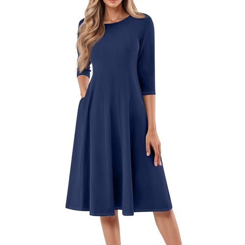 Sommerkleid Damen Einfarbig Freizeitkleid A Linie Tunika-Kleid Elegant Knielang Abendkleider Damen 3/4 Arm Rundhals Midikleider Marineblau S von ZGIDDAZ