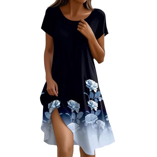 Sommerkleid Damen Knielang Strandkleid Kurzarm Sommerkleid Midi Tunikakleid Sommer Elegante Blumenkleid A-Linie Casual Boho Kleid Midikleid Leicht und Luftig Freizeitkleid von ZGIDDAZ