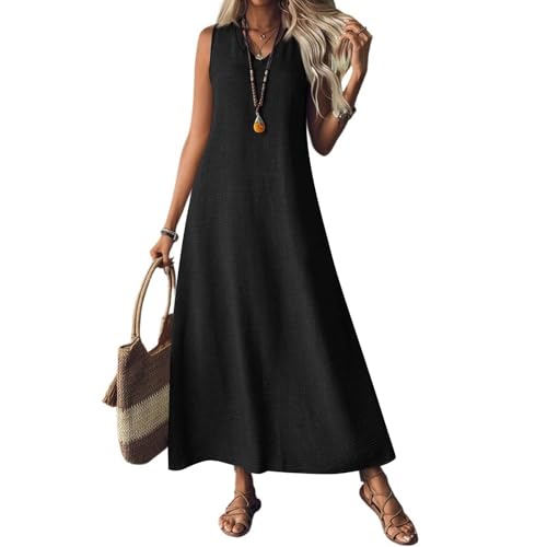 Sommerkleid Damen Lang Leinenkleid Kurzarm V Ausschnitt Musselin Kleid A Linie Strandkleid Damen Luftig Maxikleid Lässig Einfarbig Leicht Urlaub Baumwolle Leinen Freizeitkleid von ZGIDDAZ