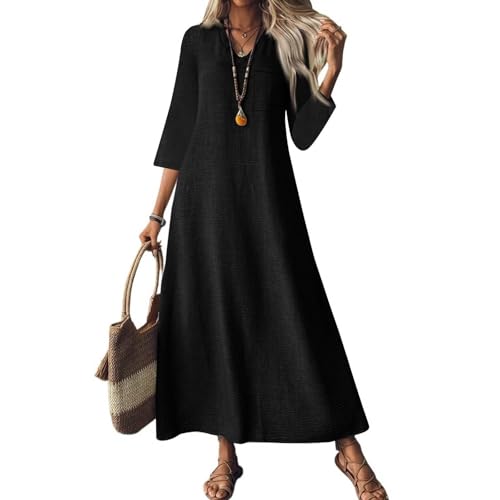 Sommerkleid Damen Lang Leinenkleid Kurzarm V Ausschnitt Musselin Kleid A Linie Strandkleid Damen Luftig Maxikleid Lässig Einfarbig Leicht Urlaub Baumwolle Leinen Freizeitkleid von ZGIDDAZ