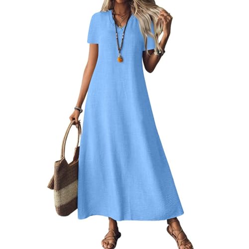 Sommerkleid Damen Lang Leinenkleid Kurzarm V Ausschnitt Musselin Kleid A Linie Strandkleid Damen Luftig Maxikleid Lässig Einfarbig Leicht Urlaub Baumwolle Leinen Freizeitkleid von ZGIDDAZ
