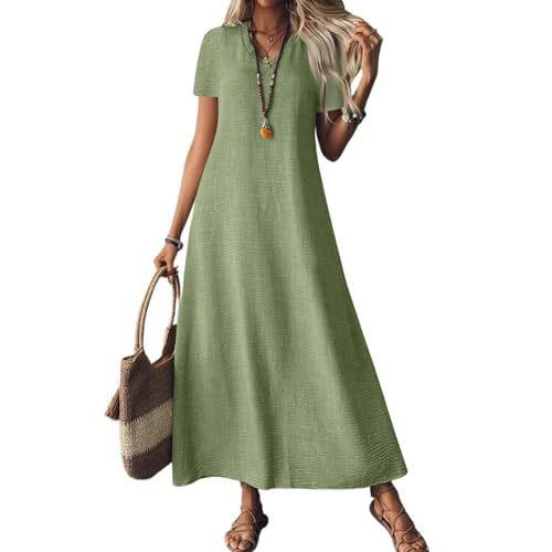 Sommerkleid Damen Lang Leinenkleid Kurzarm V Ausschnitt Musselin Kleid A Linie Strandkleid Damen Luftig Maxikleid Lässig Einfarbig Leicht Urlaub Baumwolle Leinen Freizeitkleid von ZGIDDAZ