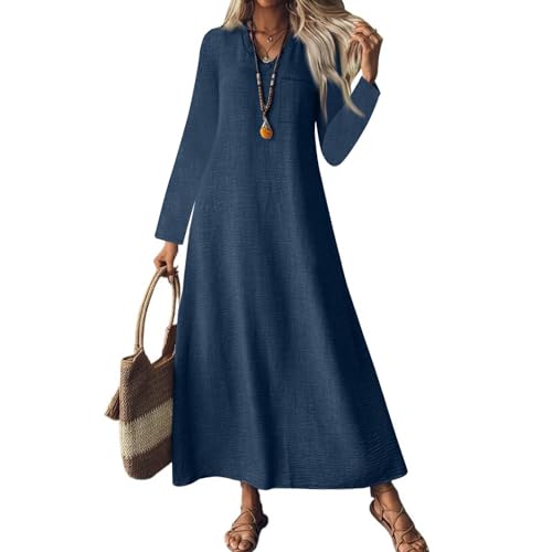 Sommerkleid Damen Lang Leinenkleid Kurzarm V Ausschnitt Musselin Kleid A Linie Strandkleid Damen Luftig Maxikleid Lässig Einfarbig Leicht Urlaub Baumwolle Leinen Freizeitkleid von ZGIDDAZ