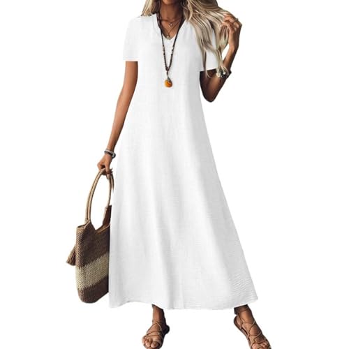 Sommerkleid Damen Lang Leinenkleid Kurzarm V Ausschnitt Musselin Kleid A Linie Strandkleid Damen Luftig Maxikleid Lässig Einfarbig Leicht Urlaub Baumwolle Leinen Freizeitkleid von ZGIDDAZ