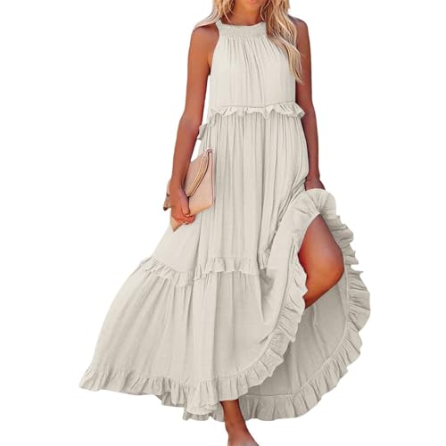 Sommerkleid Damen Lang Strandkleid Ärmelloses Neckholder Kleid Damen Elegant Partykleid Swing Maxikleider Sommer Schicke Sommerkleider Rüschenkleid Casual Freizeitkleid von ZGIDDAZ
