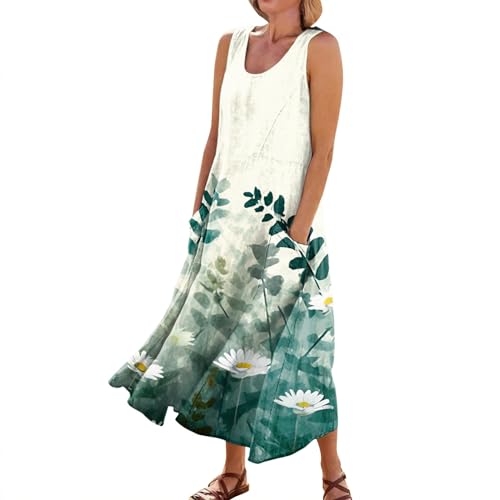 Sommerkleid Damen Leicht Und Luftig Strandkleid Ärmellos Leinenkleid Baumwoll Leinen Tankkleid U Ausschnitt Maxikleid Freizeitkleid mit Taschen Blumen A-Linie Kleider Grün-A XXXL von ZGIDDAZ