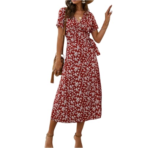 Sommerkleid Damen Luftig Elegante Maxikleid Sommer Blumenmuster Kleid Kurzarm V-Ausschnitt Elegant Boho Strandkleider Sommerkleider mit Gürtel A-Linie Freizeitkleid Leicht Partykleid von ZGIDDAZ