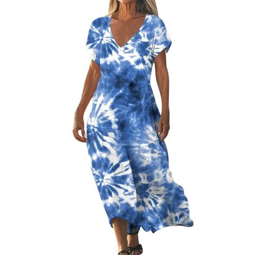 Sommerkleider Damen Leicht und Luftig Boho Kleid Elegant Lässig Strandkleid Kurzarm V-Ausschnitt Maxikleid A-Linie Blumenkleid Strand Freizeitkleid Lange Urlaub Kleider Sundress Blue7 XXL von ZGIDDAZ