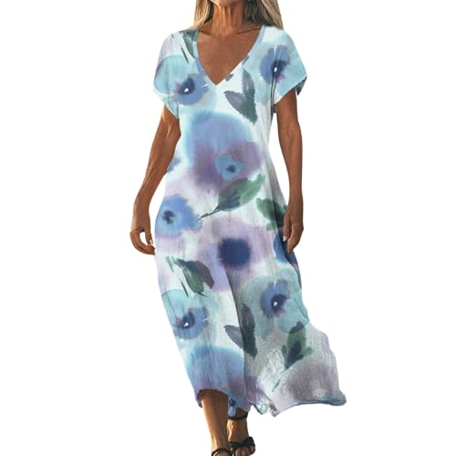 Sommerkleider Damen Leicht und Luftig Boho Kleid Elegant Lässig Strandkleid Kurzarm V-Ausschnitt Maxikleid A-Linie Blumenkleid Strand Freizeitkleid Lange Urlaub Kleider Sundress Cyan5 XL von ZGIDDAZ