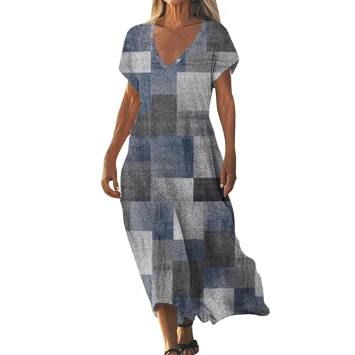 Sommerkleider Damen Leicht und Luftig Boho Kleid Elegant Lässig Strandkleid Kurzarm V-Ausschnitt Maxikleid A-Linie Blumenkleid Strand Freizeitkleid Lange Urlaub Kleider Sundress Gray4 XXL von ZGIDDAZ