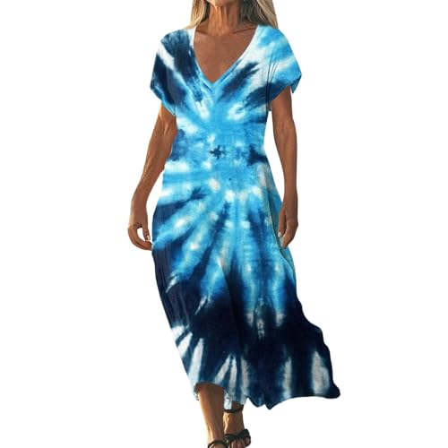 Sommerkleider Damen Leicht und Luftig Boho Kleid Elegant Lässig Strandkleid Kurzarm V-Ausschnitt Maxikleid A-Linie Blumenkleid Strand Freizeitkleid Lange Urlaub Kleider Sundress Gray7 XXL von ZGIDDAZ