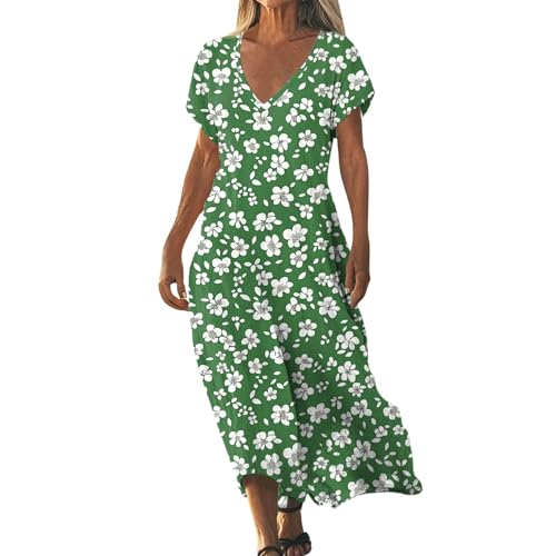 Sommerkleider Damen Leicht und Luftig Boho Kleid Elegant Lässig Strandkleid Kurzarm V-Ausschnitt Maxikleid A-Linie Blumenkleid Strand Freizeitkleid Lange Urlaub Kleider Sundress Green5 L von ZGIDDAZ