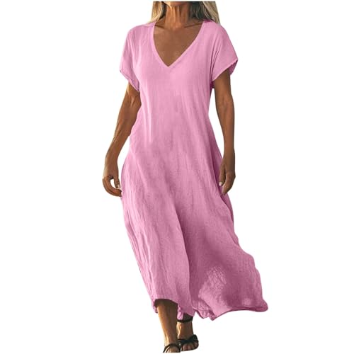 Sommerkleider Damen Leicht und Luftig Boho Kleid Elegant Lässig Strandkleid Kurzarm V-Ausschnitt Maxikleid A-Linie Blumenkleid Strand Freizeitkleid Lange Urlaub Kleider Sundress Hot Pink1 XL von ZGIDDAZ