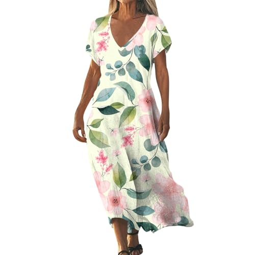 Sommerkleider Damen Leicht und Luftig Boho Kleid Elegant Lässig Strandkleid Kurzarm V-Ausschnitt Maxikleid A-Linie Blumenkleid Strand Freizeitkleid Lange Urlaub Kleider Sundress Multicolor5 XXL von ZGIDDAZ