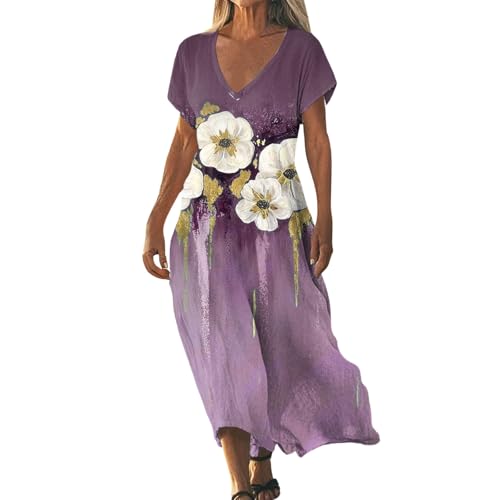Sommerkleider Damen Leicht und Luftig Boho Kleid Elegant Lässig Strandkleid Kurzarm V-Ausschnitt Maxikleid A-Linie Blumenkleid Strand Freizeitkleid Lange Urlaub Kleider Sundress Purple5 XXL von ZGIDDAZ