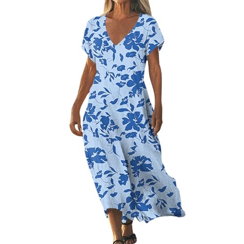 Sommerkleider Damen Leicht und Luftig Boho Kleid Elegant Lässig Strandkleid Kurzarm V-Ausschnitt Maxikleid A-Linie Blumenkleid Strand Freizeitkleid Lange Urlaub Kleider Sundress Sky Blue5 XXL von ZGIDDAZ