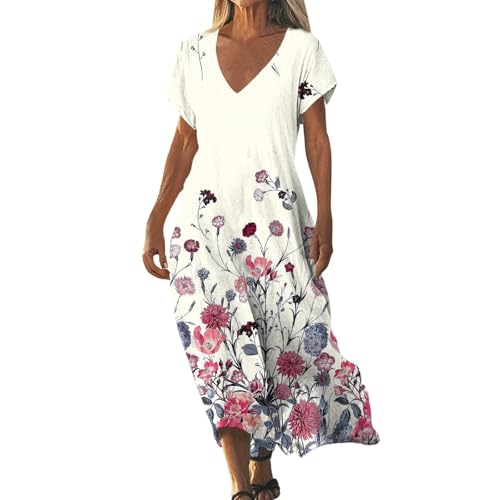 Sommerkleider Damen Leicht und Luftig Boho Kleid Elegant Lässig Strandkleid Kurzarm V-Ausschnitt Maxikleid A-Linie Blumenkleid Strand Freizeitkleid Lange Urlaub Kleider Sundress White4 XXL von ZGIDDAZ