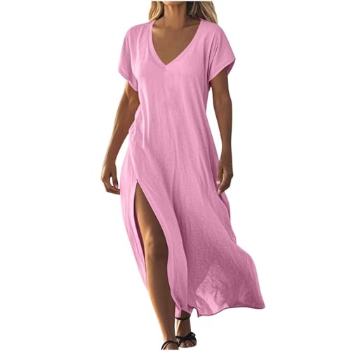 Sommerkleider Damen Leicht und Luftig Boho Kleid Elegant Lässig Strandkleid Kurzarm V-Ausschnitt Maxikleid A-Linie Blumenkleid Strand Freizeitkleid Lange Urlaub Kleider Sundress White7 XL von ZGIDDAZ