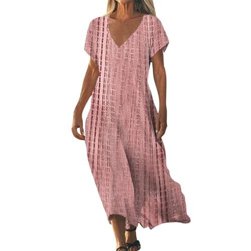 Sommerkleider Damen Leicht und Luftig Strandkleid Damen Lang Boho Kleid Kurzarm V-Ausschnitt Maxikleider A-Linie Elegante Lässige Blumenkleid Strand Freizeitkleid Lange Urlaub Kleider Sundress von ZGIDDAZ