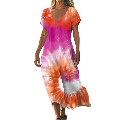 Sommerkleider Damen Leicht und Luftig Strandkleid Damen Lang Boho Kleid Kurzarm V-Ausschnitt Maxikleider A-Linie Elegante Lässige Blumenkleid Strand Freizeitkleid Lange Urlaub Kleider Sundress von ZGIDDAZ