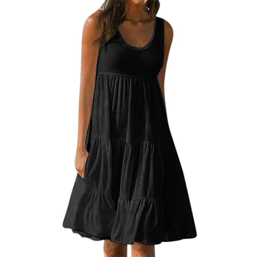 Strandkleid Damen Sundress Sommerkleid Midi Stufenkleid Ärmellos Rundhals Sommerkleider Knielang Tank Kleid Damen Midikleid A Linie Elegant Einfarbige Freizeitkleid Black XXL von ZGIDDAZ