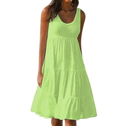 Strandkleid Damen Sundress Sommerkleid Midi Stufenkleid Ärmellos Rundhals Sommerkleider Knielang Tank Kleid Damen Midikleid A Linie Elegant Einfarbige Freizeitkleid Light Green3 XXL von ZGIDDAZ