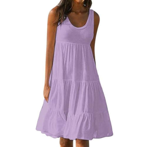 Strandkleid Damen Sundress Sommerkleid Midi Stufenkleid Ärmellos Rundhals Sommerkleider Knielang Tank Kleid Damen Midikleid A Linie Elegant Einfarbige Freizeitkleid Light Purple3 L von ZGIDDAZ