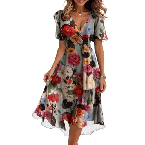 ZGIDDAZ Cocktailkleid Festkleider für Damen Abendkleider Elegante Kleider Damen Abschlusskleid Sommerkleid Kurzarm V Ausschnitt Tunikakleid mit Gürtel Summer Dress for Women Hohe Taille Freizeitkleid von ZGIDDAZ
