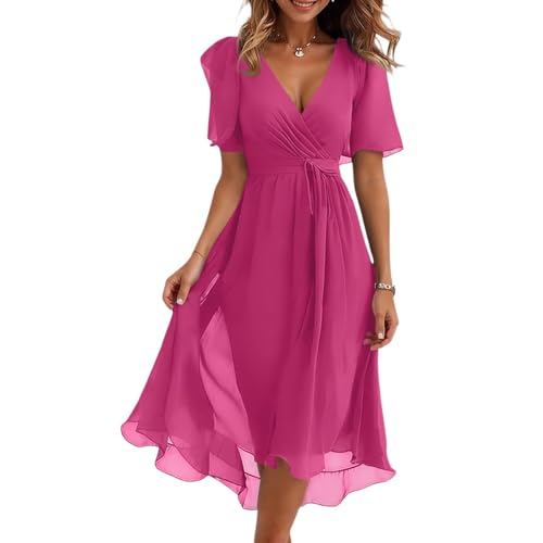 ZGIDDAZ Cocktailkleid Festkleider für Damen Abendkleider Elegante Kleider Damen Abschlusskleid Sommerkleid Kurzarm V Ausschnitt Tunikakleid mit Gürtel Summer Dress for Women Hohe Taille Freizeitkleid von ZGIDDAZ