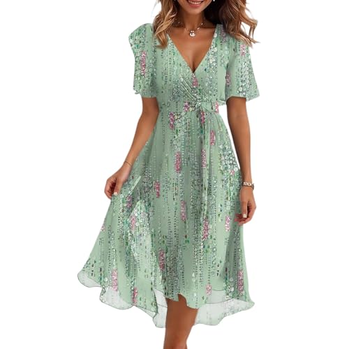 ZGIDDAZ Cocktailkleid Festkleider für Damen Abendkleider Elegante Kleider Damen Abschlusskleid Sommerkleid Kurzarm V Ausschnitt Tunikakleid mit Gürtel Summer Dress for Women Hohe Taille Freizeitkleid von ZGIDDAZ