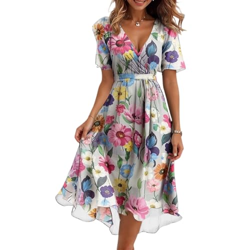 ZGIDDAZ Cocktailkleid Festkleider für Damen Abendkleider Elegante Kleider Damen Abschlusskleid Sommerkleid Kurzarm V Ausschnitt Tunikakleid mit Gürtel Summer Dress for Women Hohe Taille Freizeitkleid von ZGIDDAZ