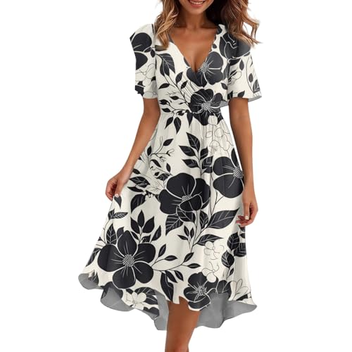 ZGIDDAZ Abendkleider Damen Lang Cocktailkleid Blumen Elegant Kleid Knielang Tunika Bindegürtel Hohe Taille Kleider Sommerkleid Kurzarm V Ausschnitt Summer Dress for Women Freizeitkleid von ZGIDDAZ