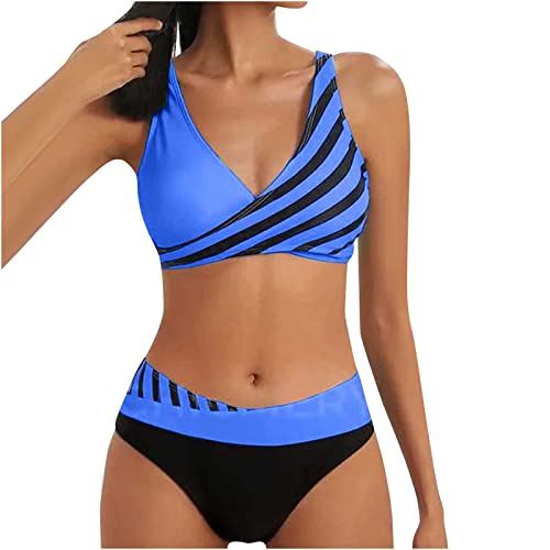 ZGIDDAZ Bikini Damen Set Curvy V Ausschnitt Bikini Damen Set High Waist Bikini Damen Bauchweg Oberteil Große Brüste Cross Back Bikini Push Up Zweiteiliger Badekleid Bademode Badeanzug Blue M von ZGIDDAZ