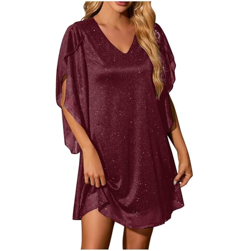 ZGIDDAZ Cocktailkleid Damen Glockenärmeln V Ausschnitt Tüll Kleid 3/4 Ärmel Paillettenkleid Kurz Prom Dress Schickes Ballkleid Mini Abendkleider Elegant Für Hochzeit Partykleid Deep Red L von ZGIDDAZ