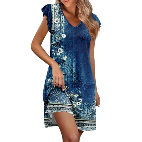 ZGIDDAZ Damen Sommerkleid V-Ausschnitt Rüschenärmel Strandkleid Kurz Lässige Minikleid Blumenkleid Elegant Sonnenkleid Kurzarm Strand Kleid mit Taschen Lockeres Freizeitkleid von ZGIDDAZ