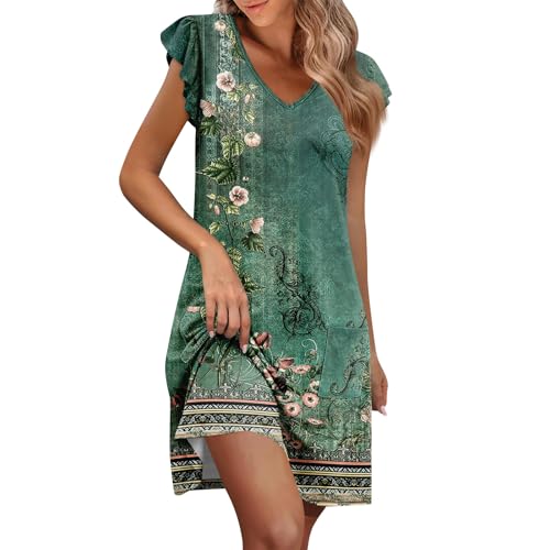 ZGIDDAZ Damen Sommerkleid V-Ausschnitt Rüschenärmel Strandkleid Kurz Lässige Minikleid Blumenkleid Elegant Sonnenkleid Kurzarm Strand Kleid mit Taschen Lockeres Freizeitkleid von ZGIDDAZ