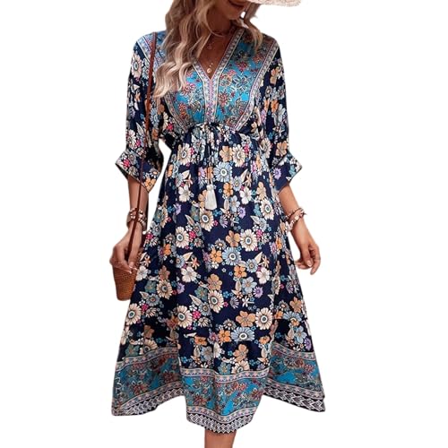 ZGIDDAZ Sommerkleid Damen Knielang Blumenkleid 3/4-Ärmel V-Ausschnitt Strandkleid Damen Luftig Elegante Kleid Boho Leicht Mode Freizeitkleider Urlaub Sundress von ZGIDDAZ