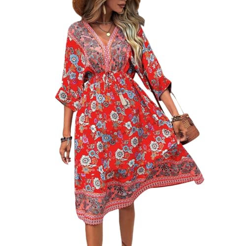 ZGIDDAZ Sommerkleid Damen Knielang Blumenkleid 3/4-Ärmel V-Ausschnitt Strandkleid Damen Luftig Elegante Kleid Boho Leicht Mode Freizeitkleider Urlaub Sundress von ZGIDDAZ
