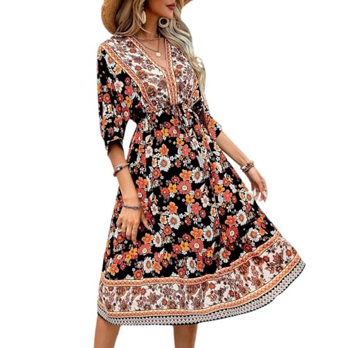 ZGIDDAZ Sommerkleid Damen Strandkleid Knielang Elegant Kleid Boho Blumenkleid 3/4-Arm Midi Leicht Mode Freizeitkleider V-Ausschnitt Luftige Stufenkleid Lang Urlaub Dress von ZGIDDAZ