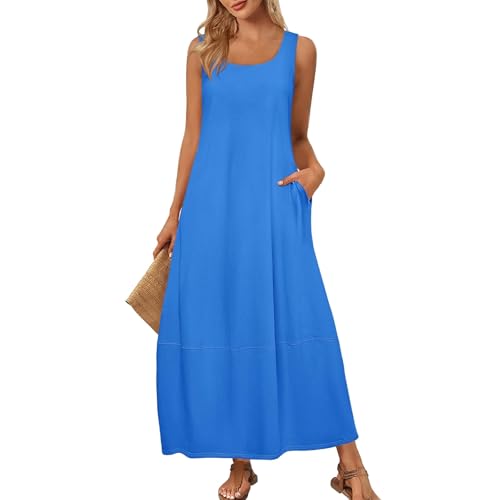 ZGIDDAZ Strandkleid Damen Lang Maxikleid U-Ausschnitt Ärmellos Sommerkleid Lose Casual Tank Kleid mit Taschen Freizeitkleid Baumwolle Leicht und Luftig Beach Dress for Women Blue L von ZGIDDAZ