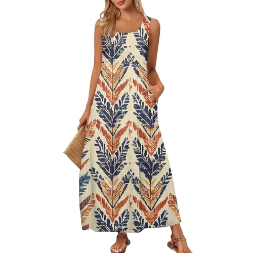 ZGIDDAZ Strandkleid Damen Lang Maxikleid U-Ausschnitt Ärmellos Sommerkleid Lose Casual Tank Kleid mit Taschen Freizeitkleid Baumwolle Leicht und Luftig Beach Dress for Women Khaki2 L von ZGIDDAZ