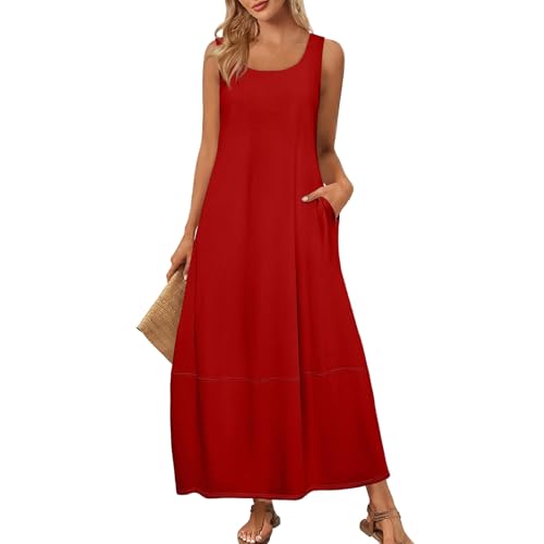 ZGIDDAZ Strandkleid Damen Lang Maxikleid U-Ausschnitt Ärmellos Sommerkleid Lose Casual Tank Kleid mit Taschen Freizeitkleid Baumwolle Leicht und Luftig Beach Dress for Women Red XXL von ZGIDDAZ