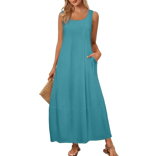 ZGIDDAZ Strandkleid Damen Lang Maxikleid U-Ausschnitt Ärmellos Sommerkleid Lose Casual Tank Kleid mit Taschen Freizeitkleid Baumwolle Leicht und Luftig Beach Dress for Women Turquoise XXL von ZGIDDAZ