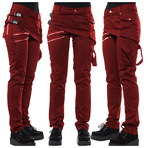 Gothic Damen Joggerhose Freizeithosen Halloween Slim Steampunk Chino Hosen Stretchhosen Frauen Retro Hosen Sexy Harajuku Bein Cargo Hosen Trainingshosen Punk Style Karnevalskostüm (Rot, 42) von ZGKM