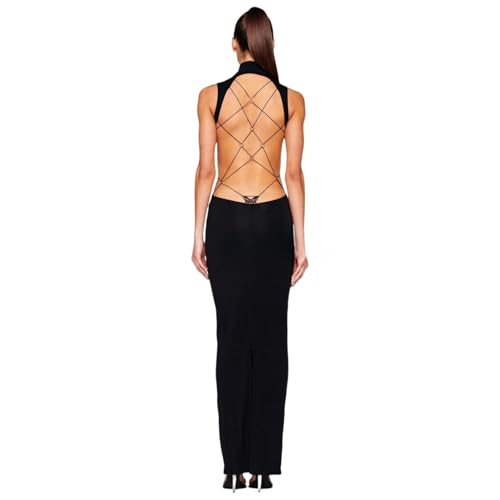 Damen Sexy Mock Neck Criss Cross Wrap Maxikleid Silber Metall Schmetterling Bodycon Langes Kleid Rückenfrei Partykleid, Schwarz mit Metall-Schmetterling, Groß Damen Sexy Mock Neck Criss Cross Wrap Maxikleid Silber Metall Schmetterling Bodycon Langes Kleid Rückenfrei Partykleid, Schwarz mit Metall-Schmetterling, Groß von ZGMYC