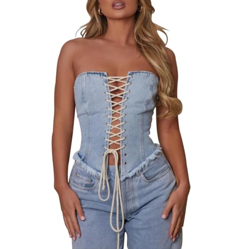 ZGMYC Damen Trägerloses Criss Cross Denim Korsett Tube Top Sexy aushöhlen Schnüren Bustier Jeans Camisole Shapewear, Hell, blau, Small von ZGMYC