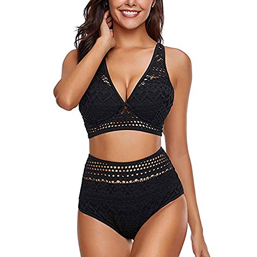 ZGNB Bikini Damen Sexy,Women's Two-Piece Set, Bottoms with Braided Side Lacing and Adjustable Push-Up Bra, Triangle Briefs Floral Pattern Tankini Push Up Neckholder, Schwarz, M, Badeanzüge Tankinis von ZGNB